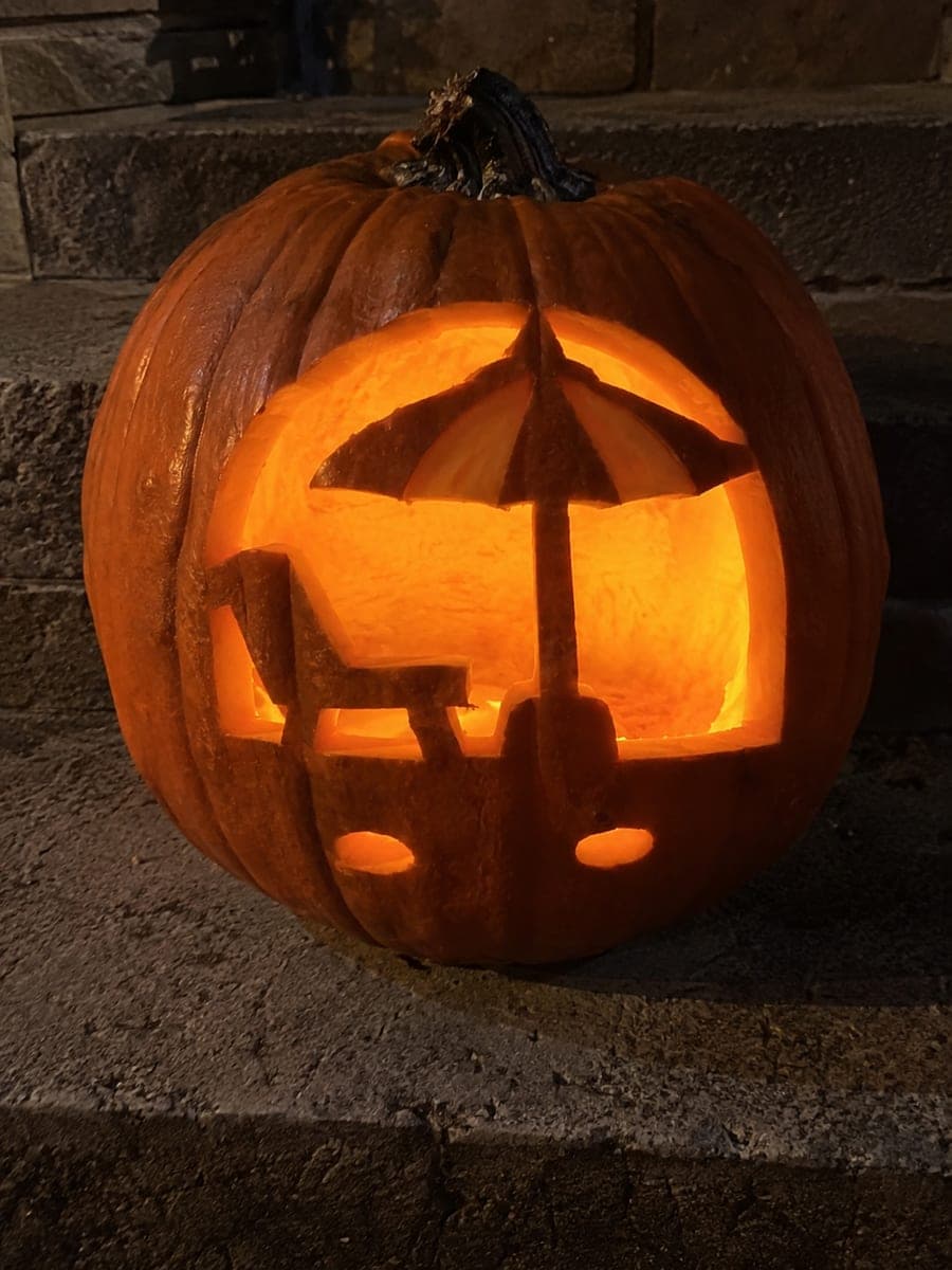 Beach Scene Pumpkin With Supported Umbrella and Lounge Chair