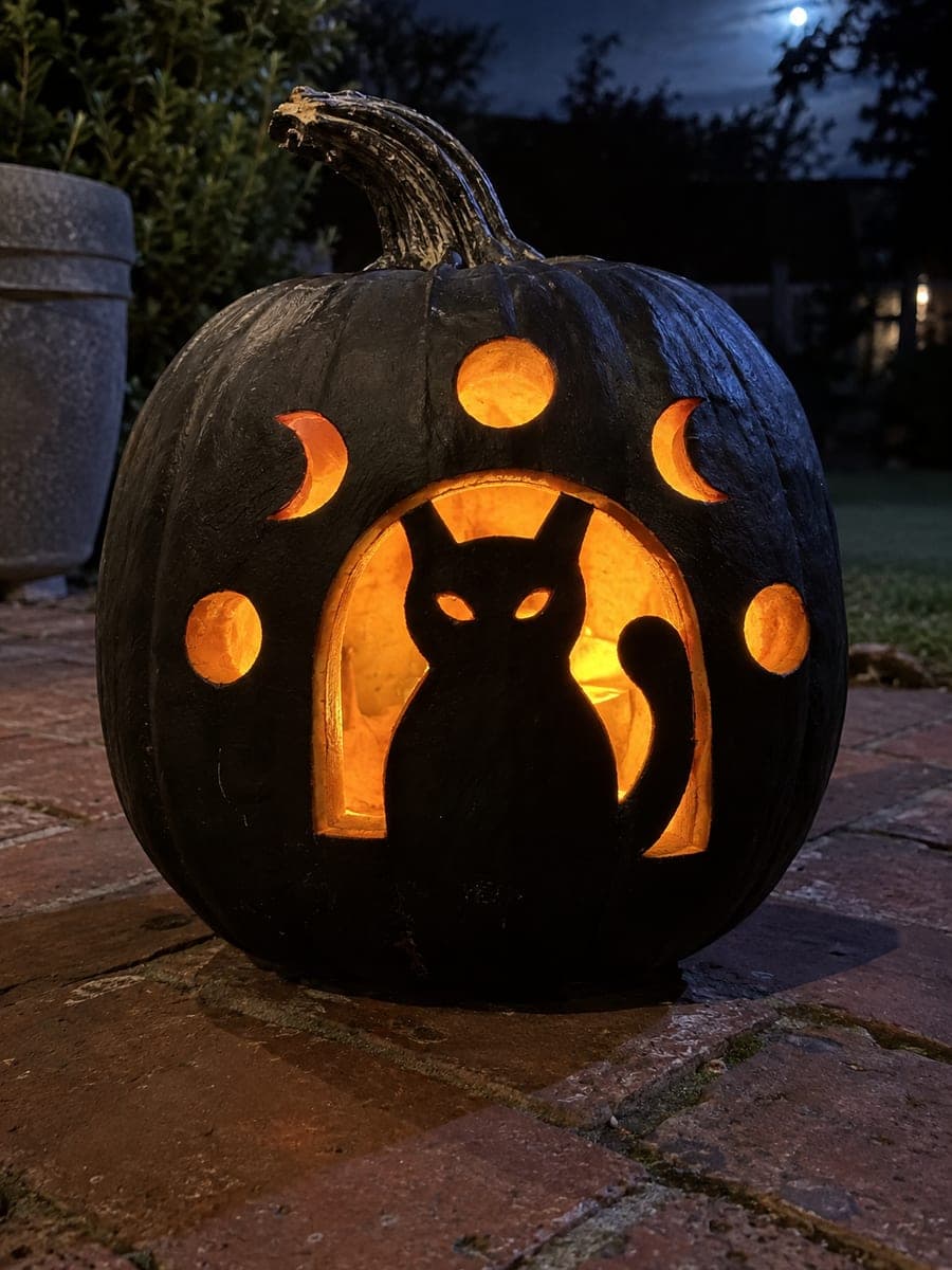 Black Cat Silhouette Pumpkin Glowing Inside a Carved Arch
