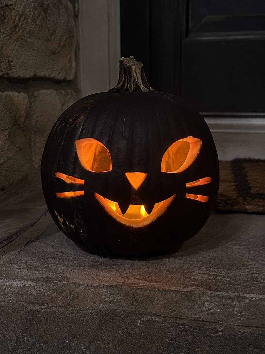 Black Painted Cat Pumpkin with Glowing Almond Eyes