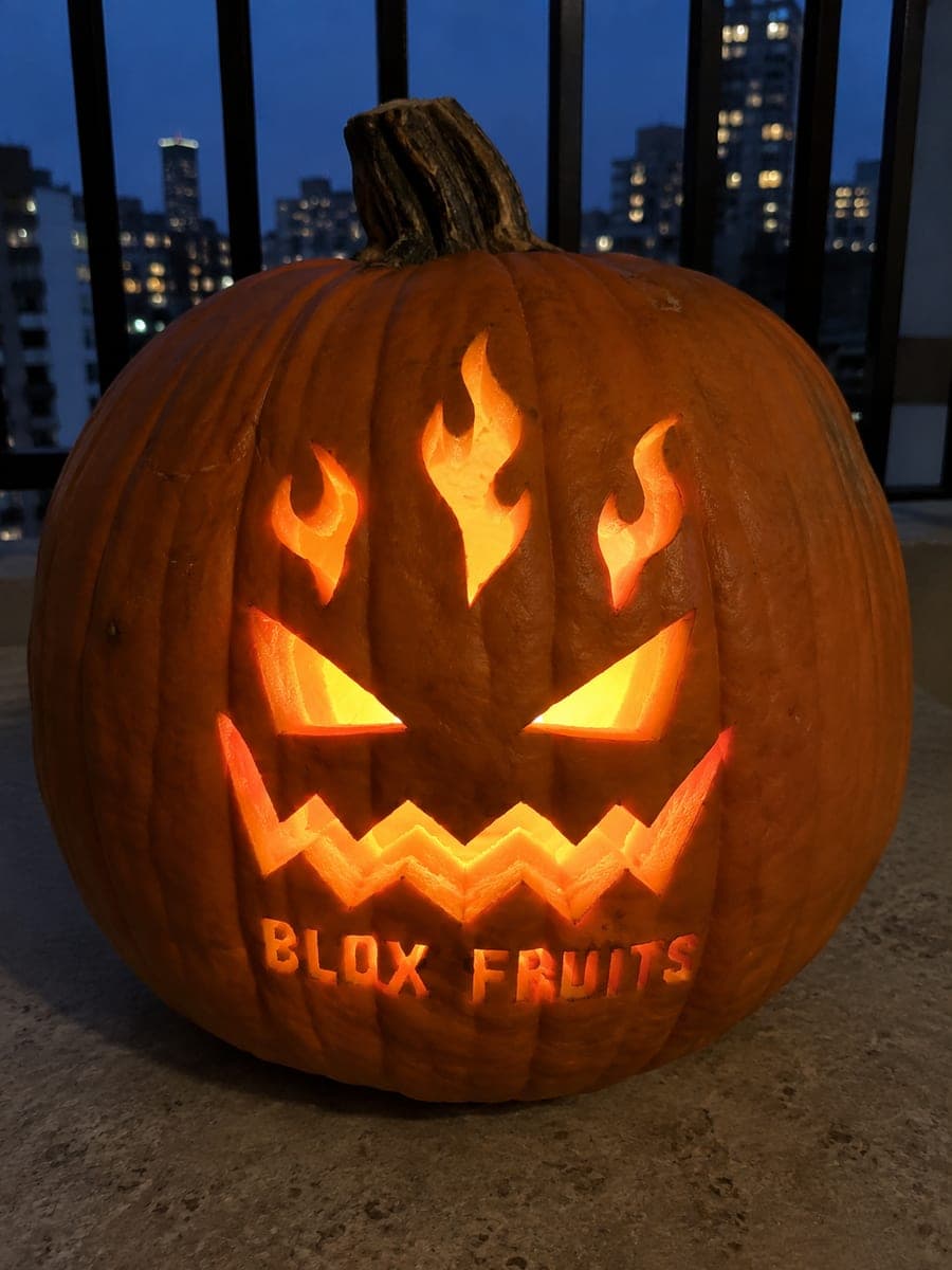 Blox Fruits Fiery Face Pumpkin on a Balcony