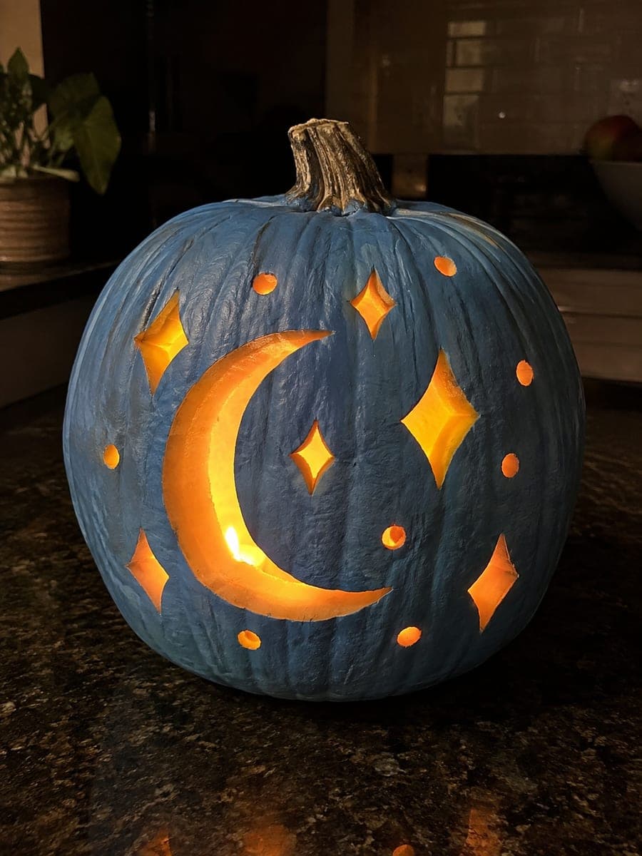 Blue Pumpkin Carved with Crescent Moon and Diamond Sparkles