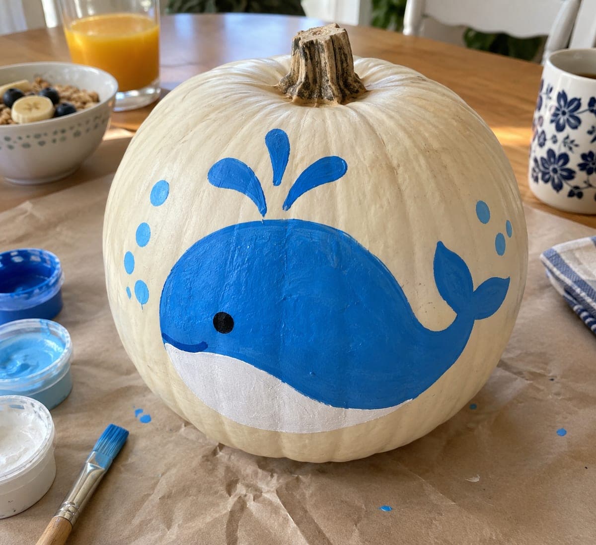 Blue Whale Painted No-Carve Pumpkin for Kids
