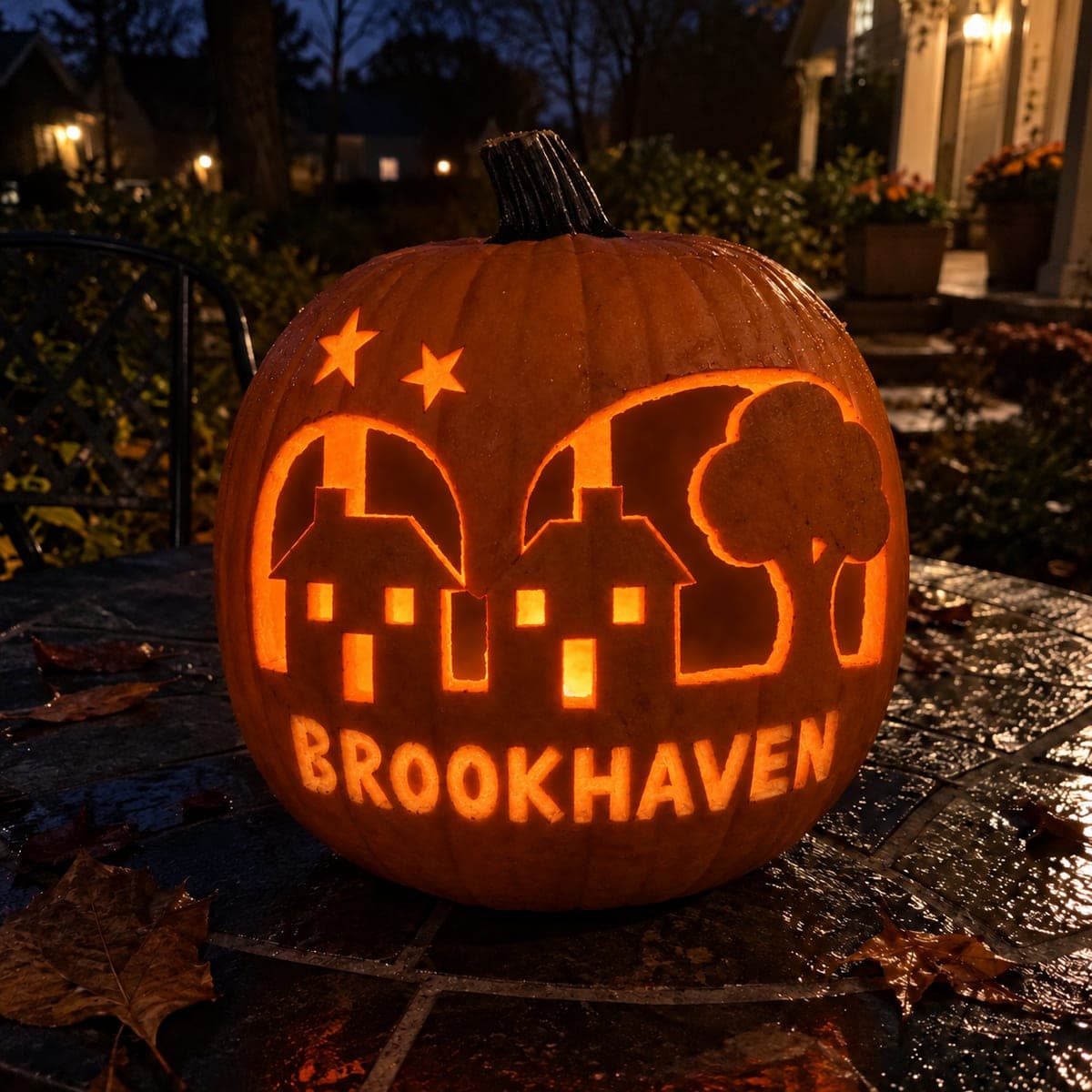 Brookhaven Houses and Tree Pumpkin in a Garden