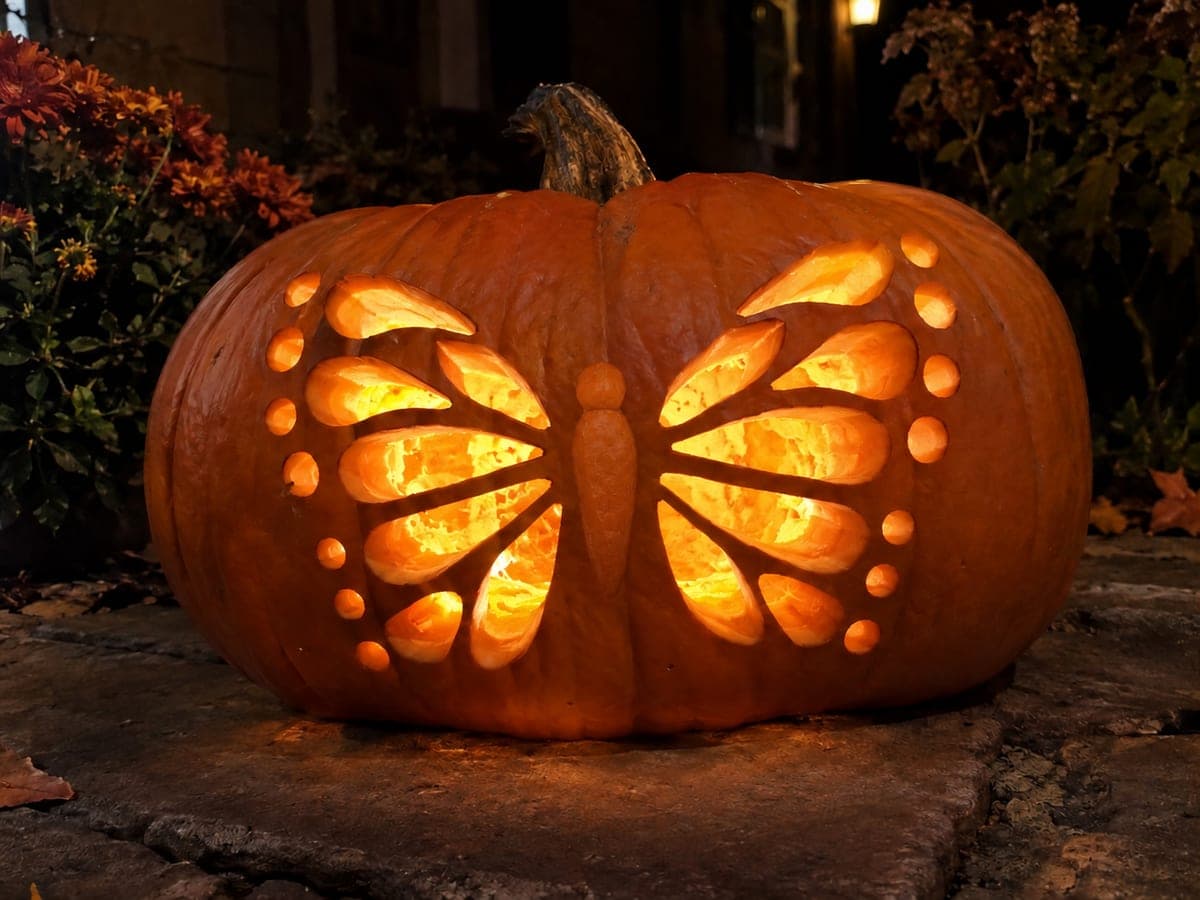 Butterfly Pattern Short Fat Pumpkin on a Dark Patio