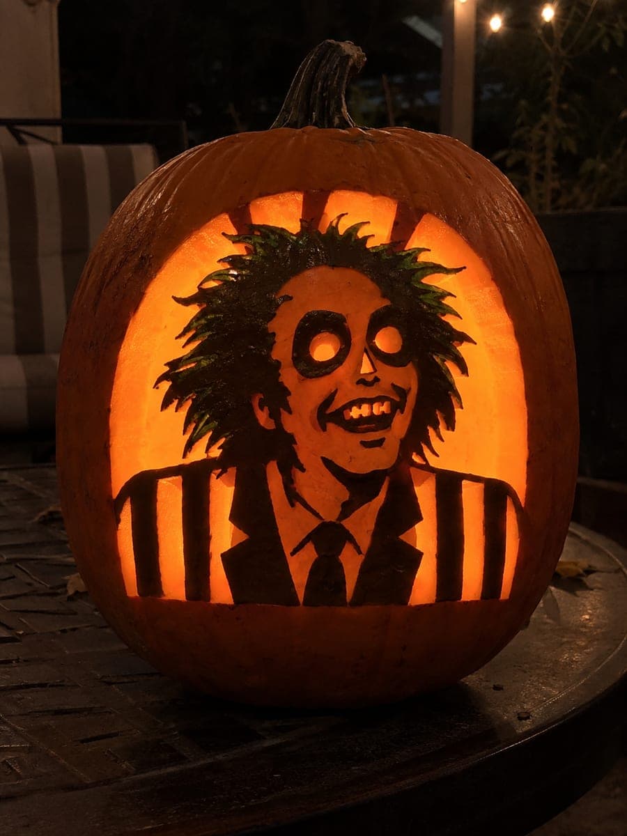 Connected Beetlejuice Portrait Pumpkin With Striped Suit