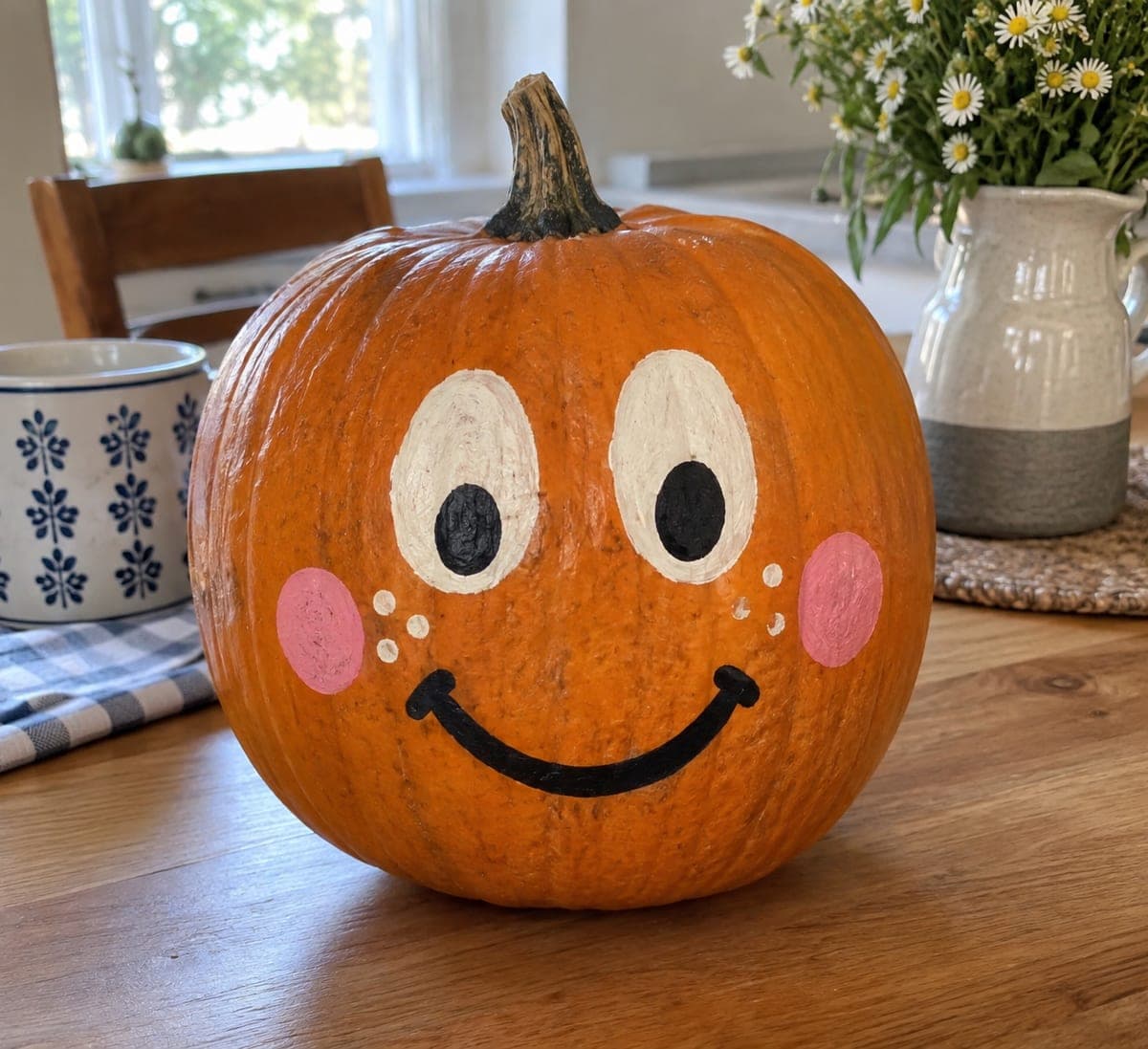Cream Eyes Pink Cheeks Painted Pumpkin Face Idea