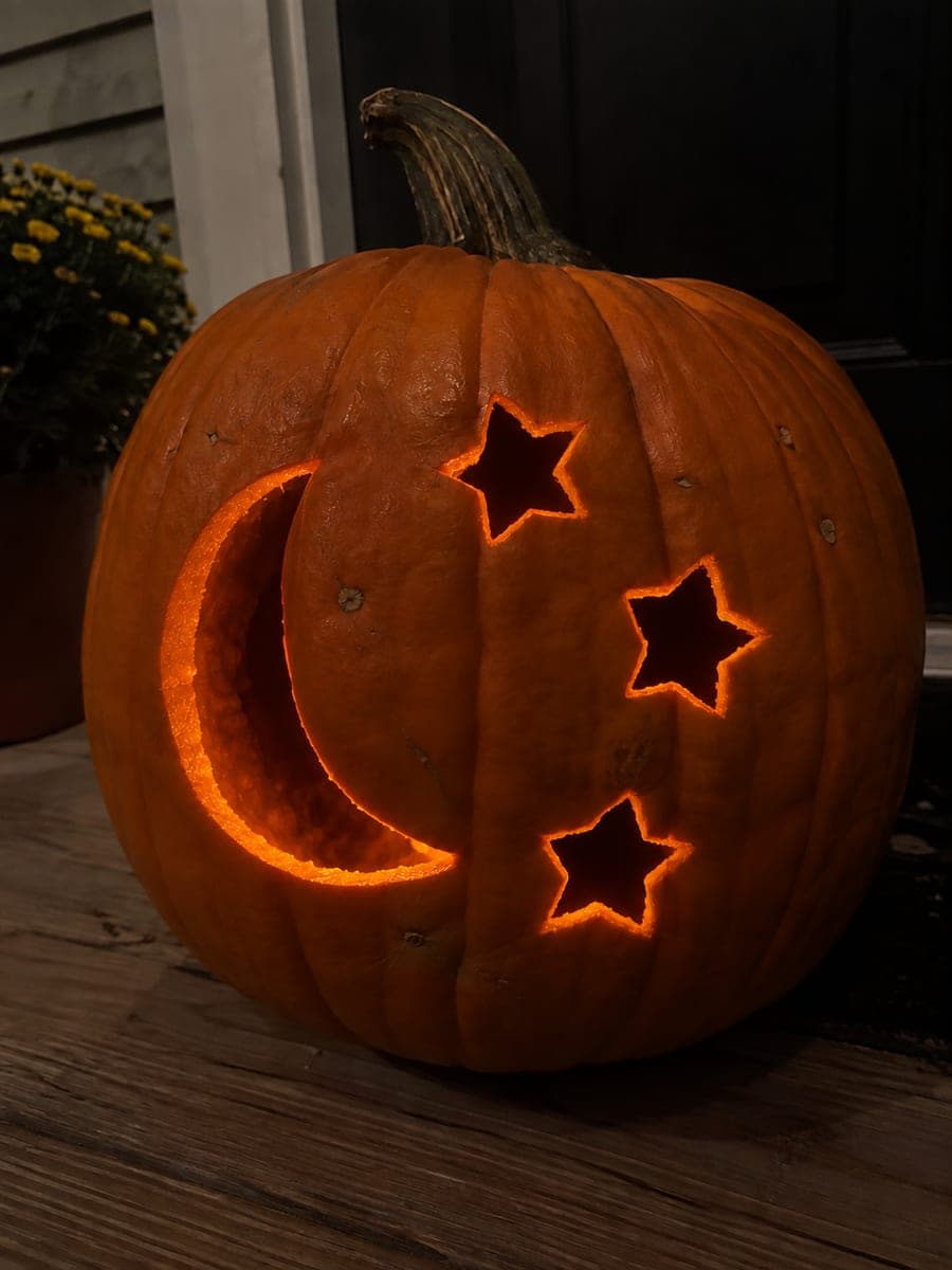 Crescent Moon and Three Stars Pumpkin on a Doorstep