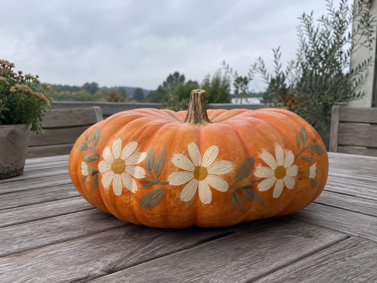 Daisy Band Painted Flat Pumpkin on a Patio Table