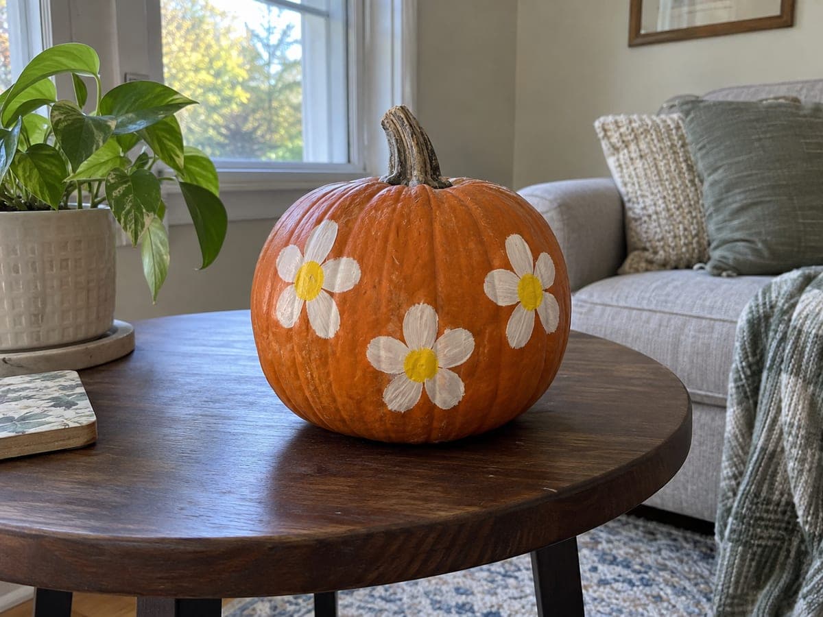 Daisy-Painted Pumpkin With White and Yellow Blooms