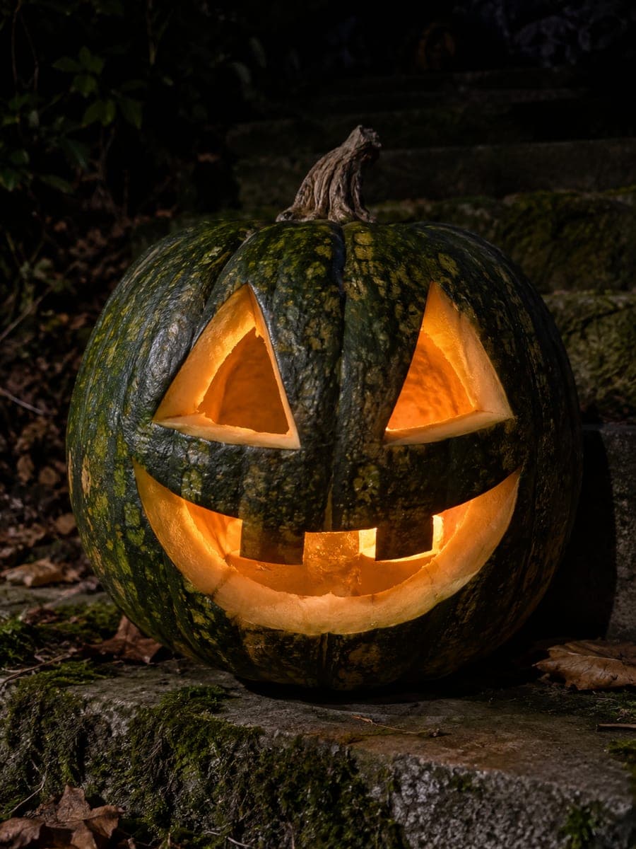 Dark Green Pumpkin Carved with Classic Grin