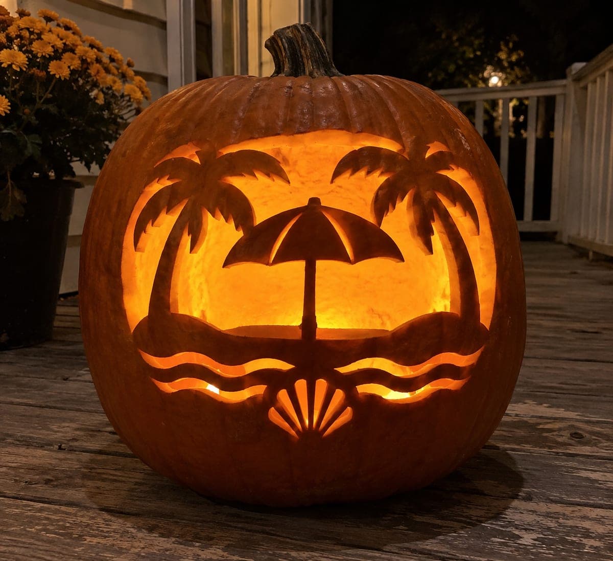 Detailed Beach Pumpkin With Palm Trees Waves and Shells