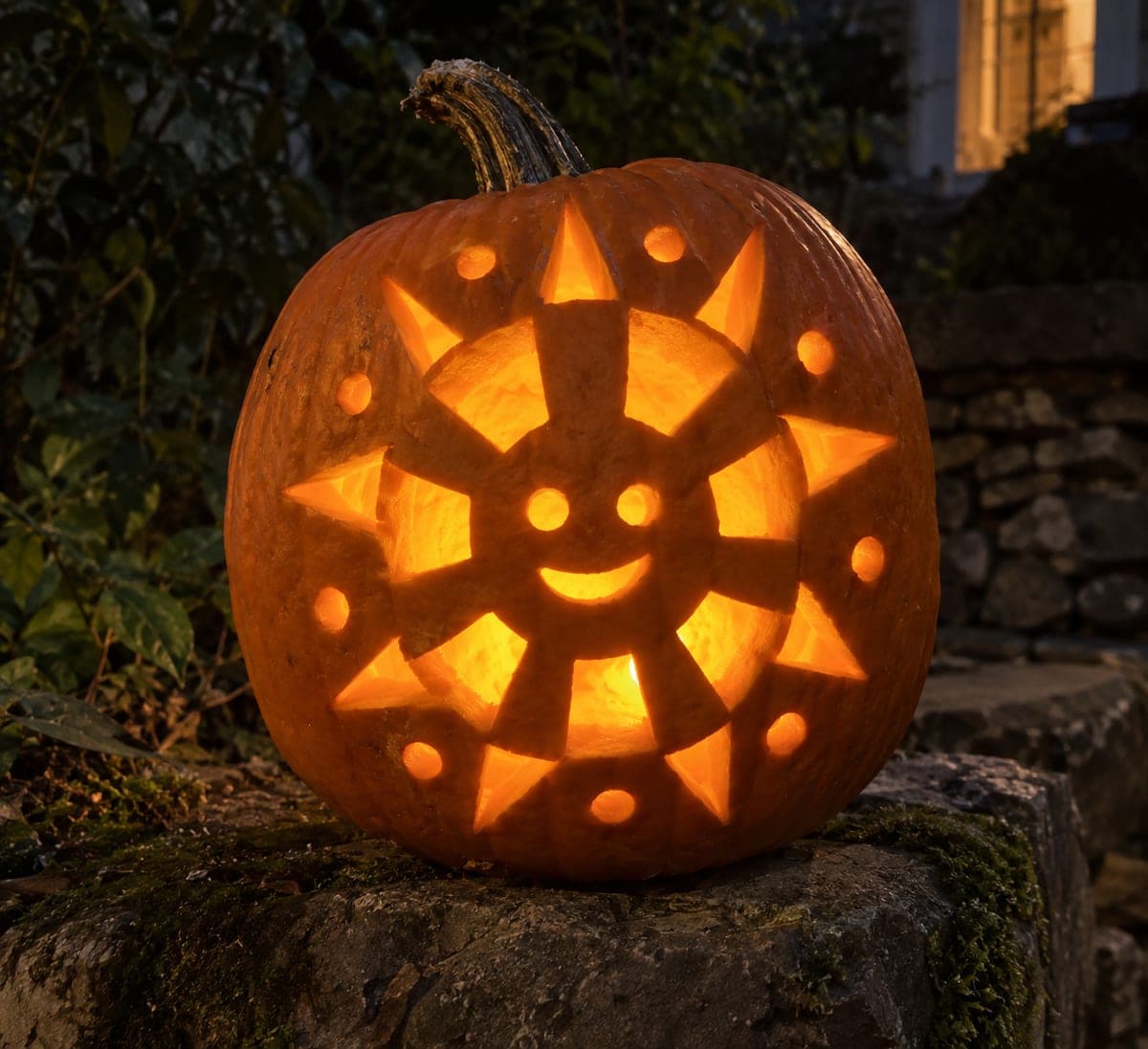 Detailed Smiling Sunburst Pumpkin With Connected Spokes