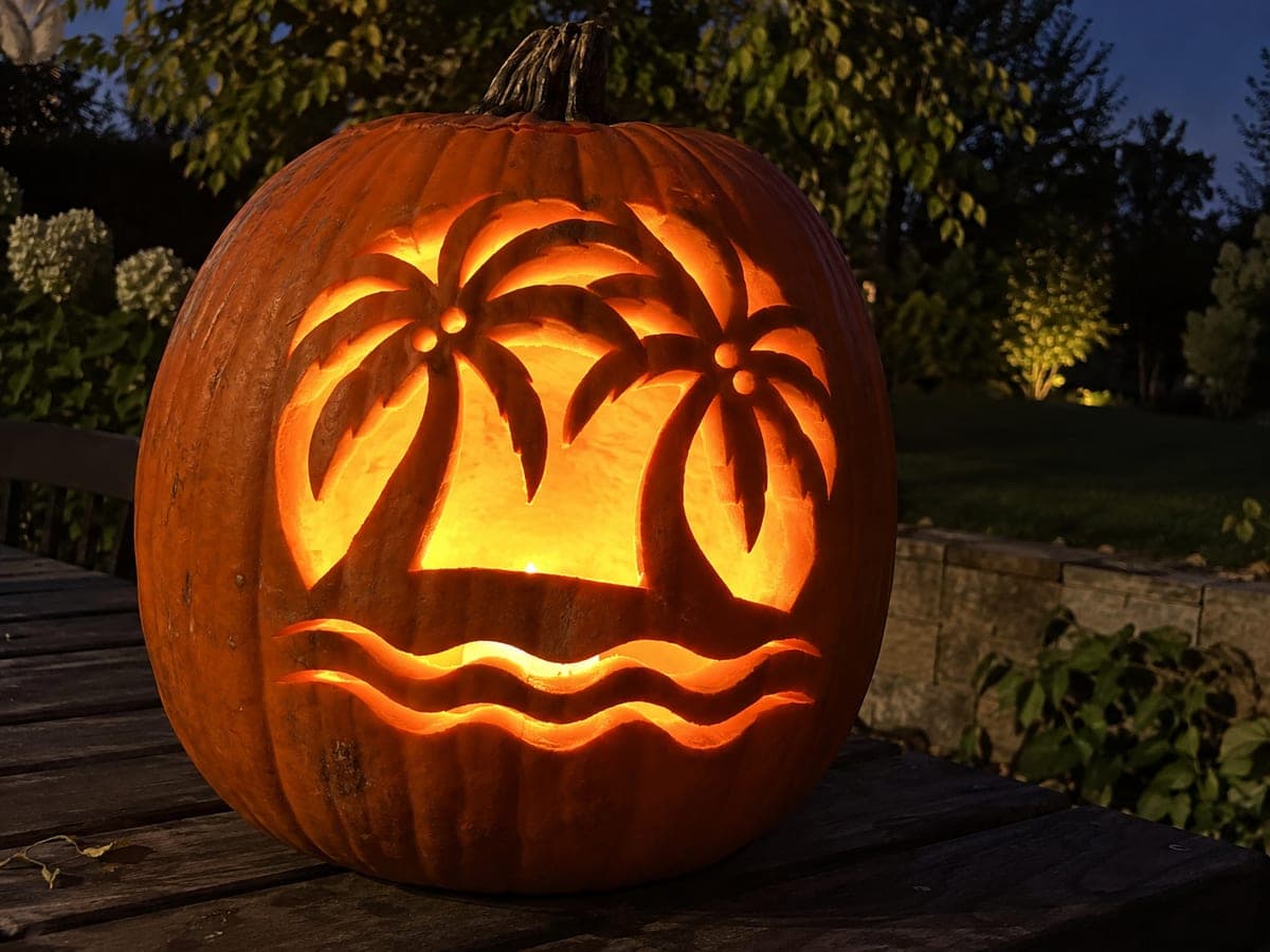 Detailed Twin-Palm Pumpkin With Coconuts and Wave Rows