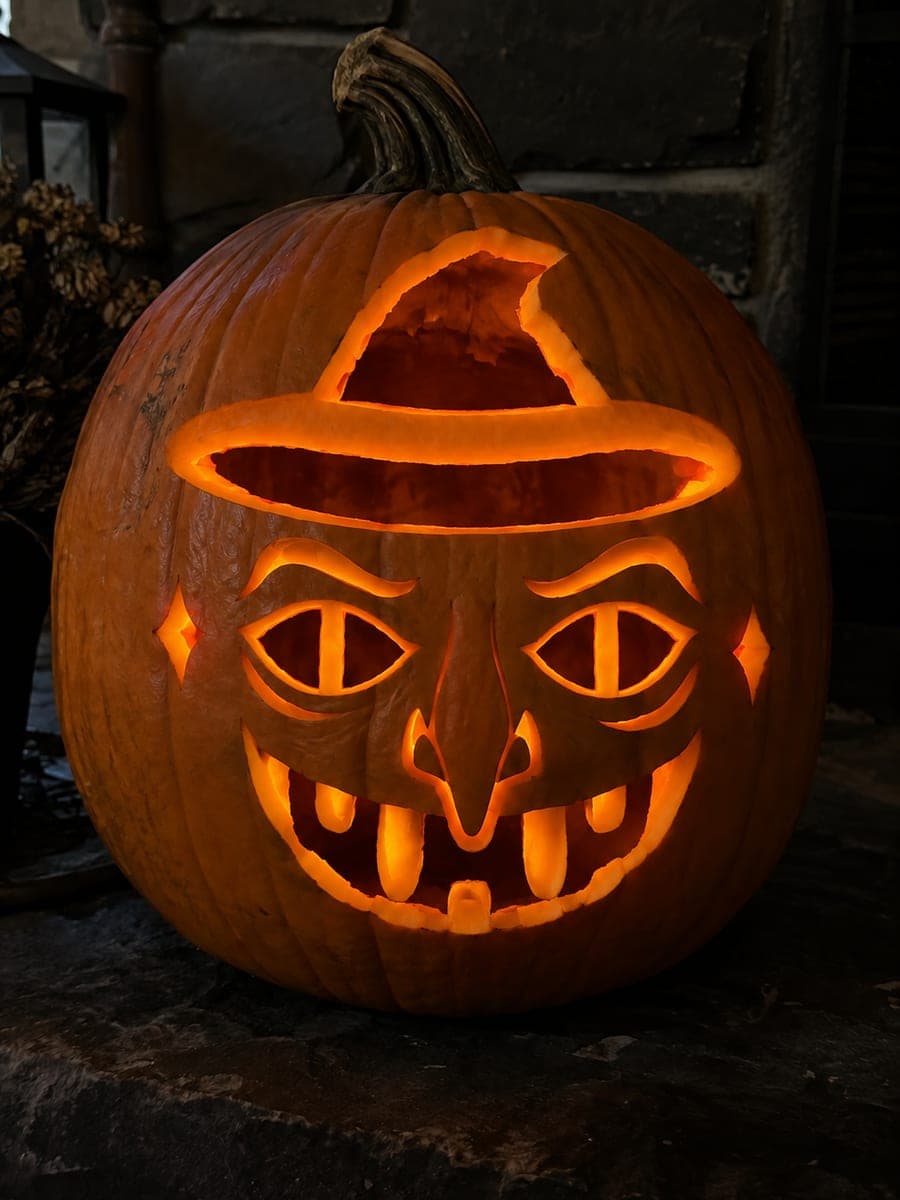 Detailed Witch Face Pumpkin With Hatband and Barred Eyes