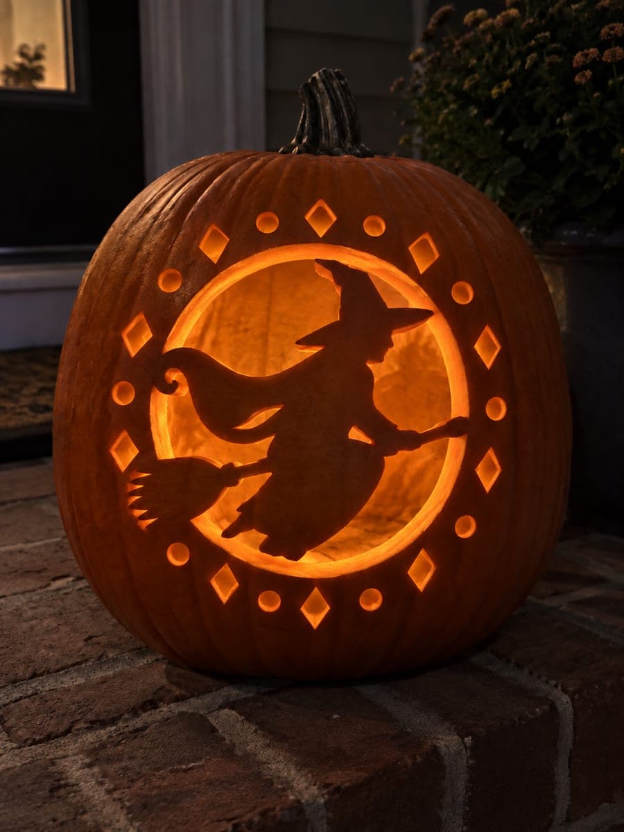 Detailed Witch on Broom Round Window Pumpkin Carving