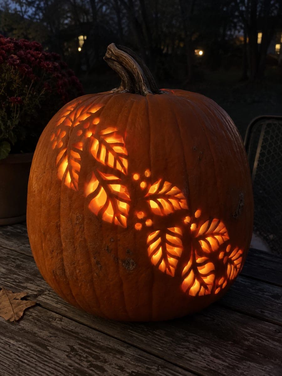 Diagonal Autumn Leaf Trail Pumpkin with Layered Teardrop Apertures