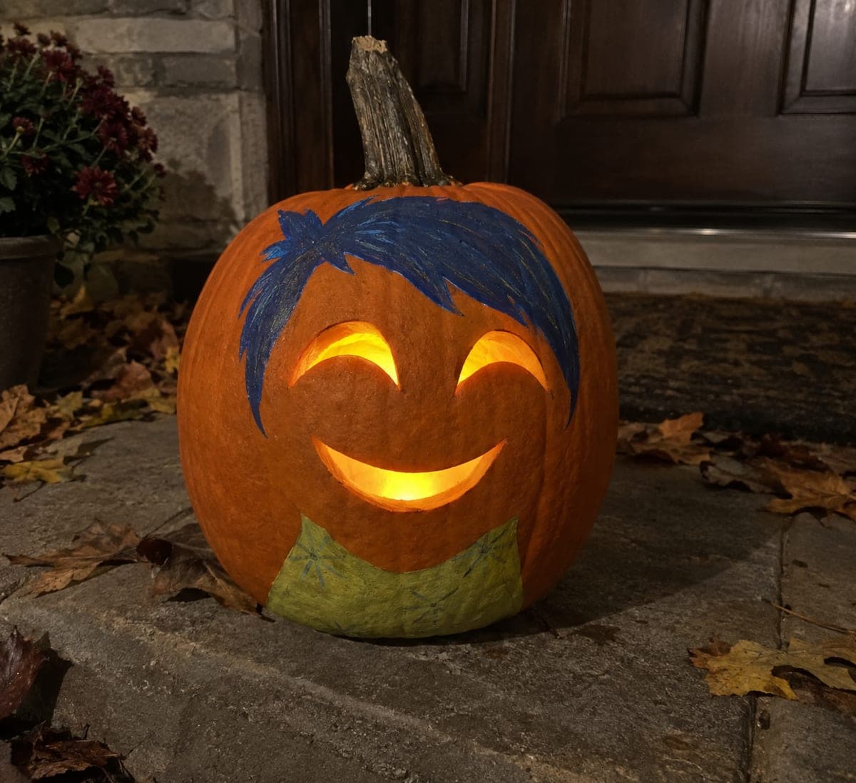 Easy Joy Pumpkin With Blue Hair and Wide Smile