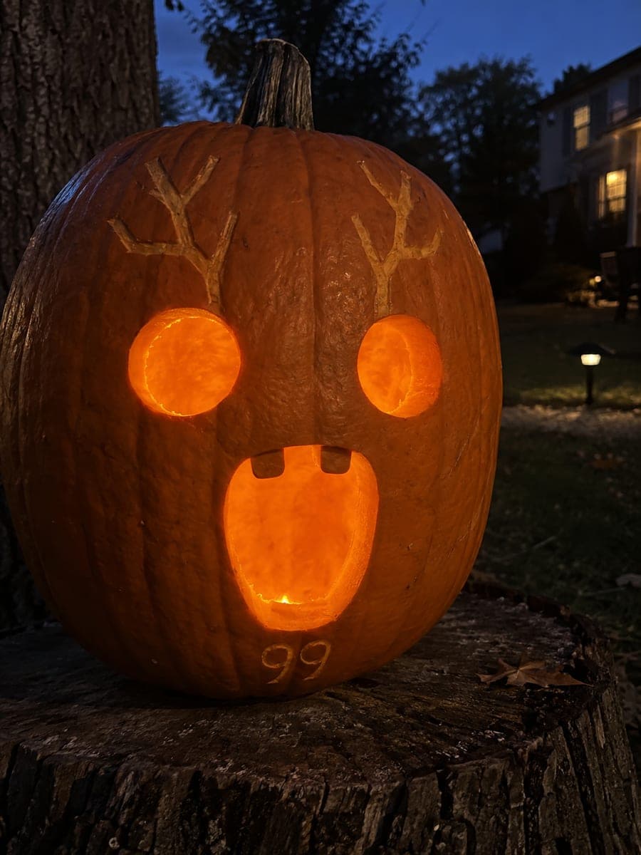 Eerie Deer Face Pumpkin on a Stump