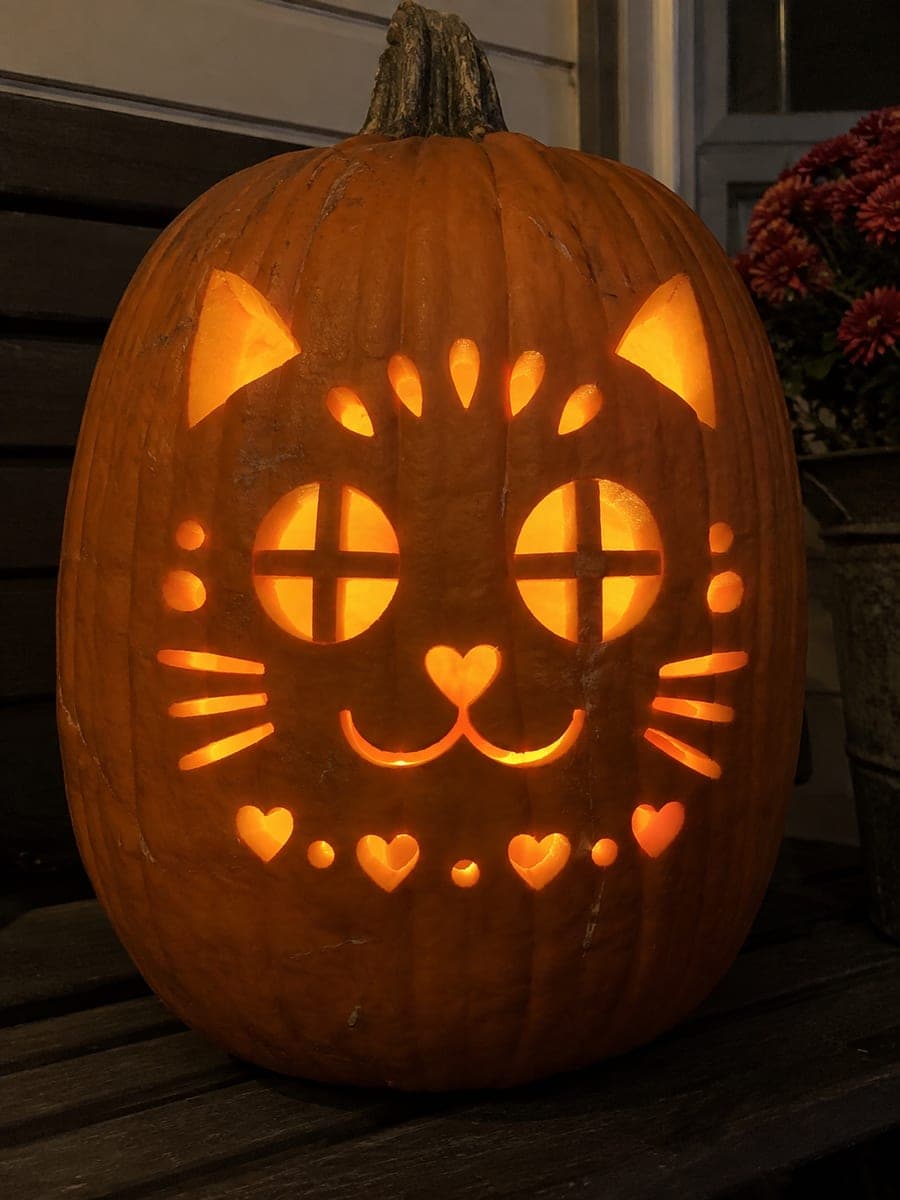 Elaborate Crossbar-Eye Kitten Pumpkin with Heart Accents