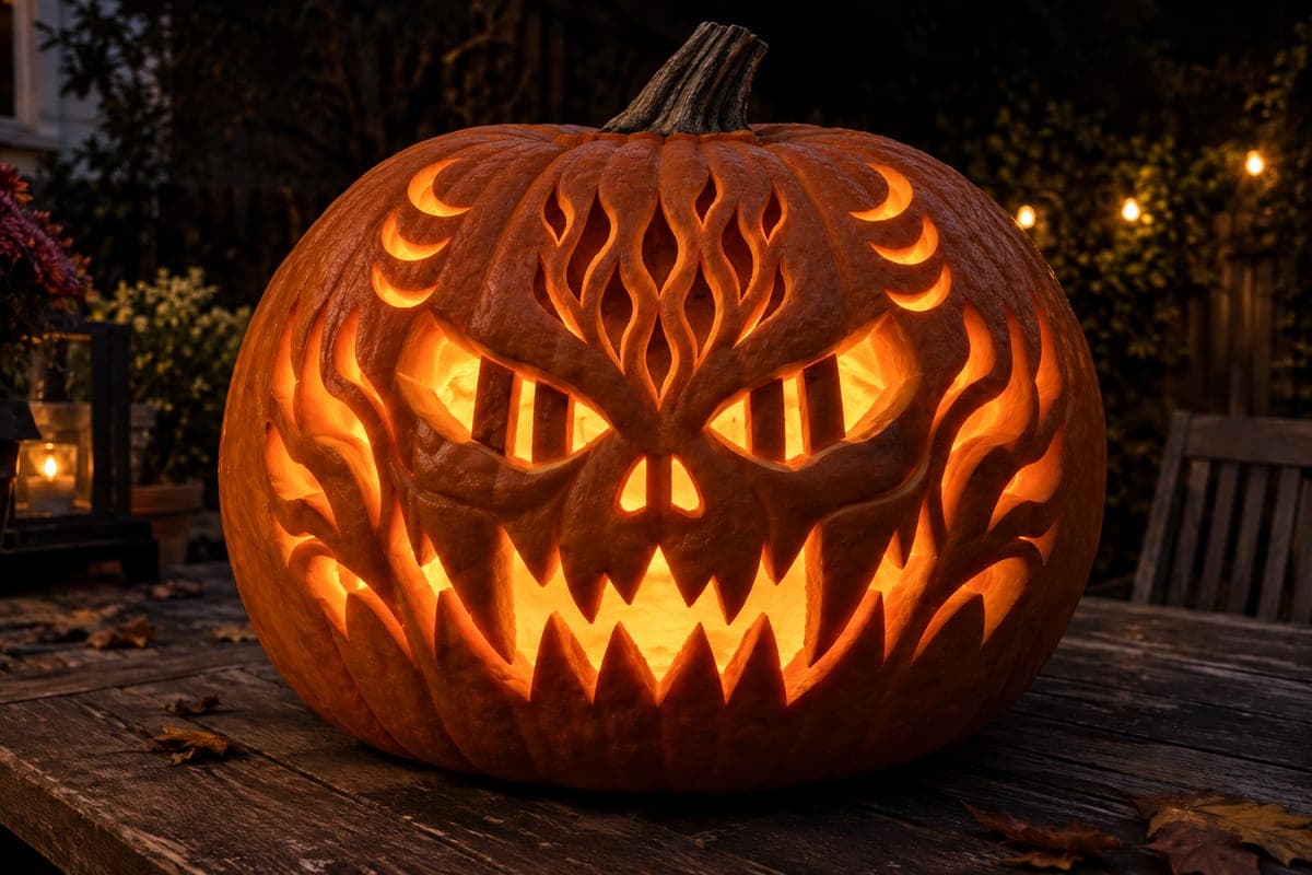 Elaborate Demon Mask Pumpkin with Flame Openings