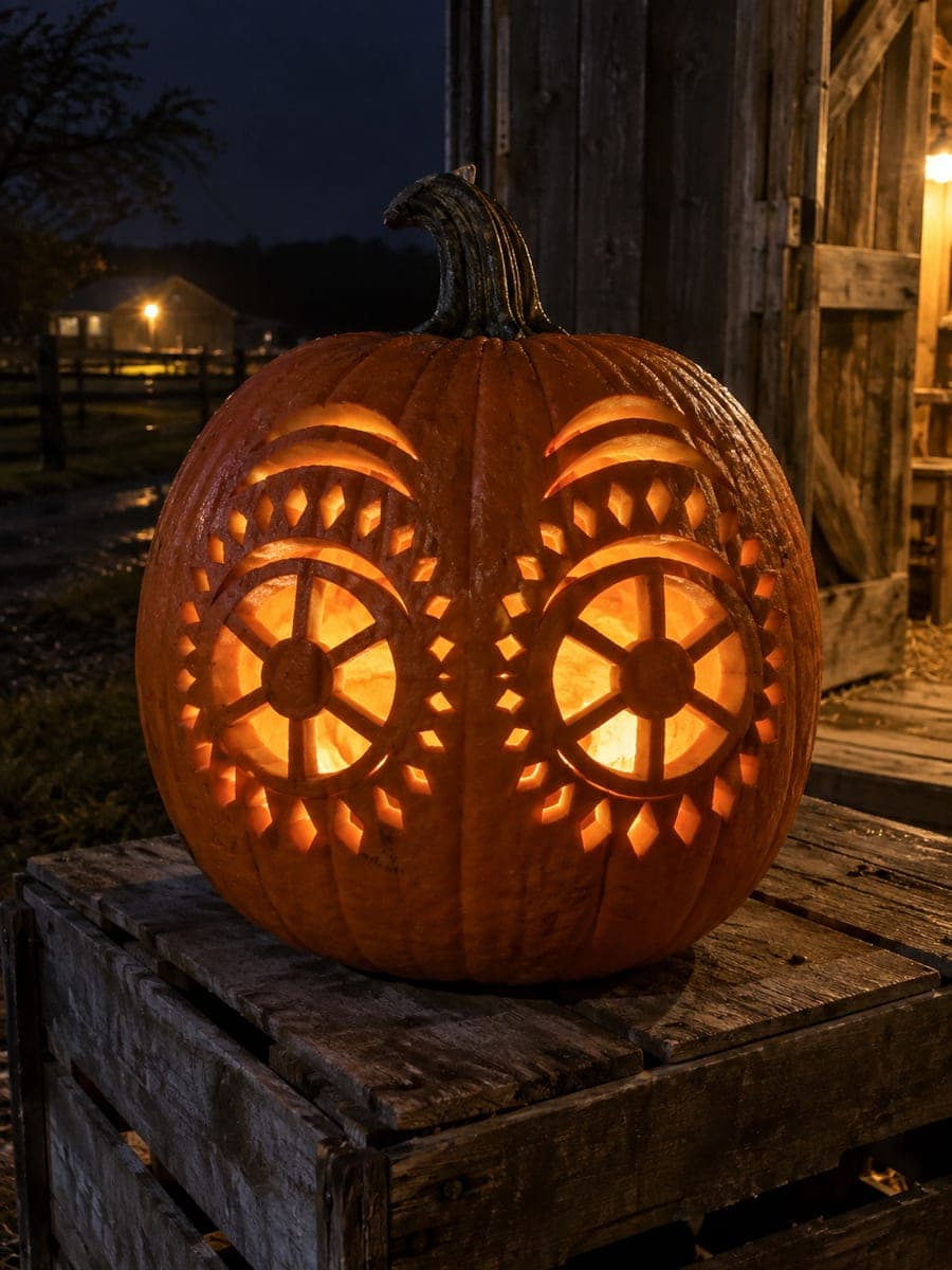 Elaborate Spoke-Hub Eyes Pumpkin with Diamond Border