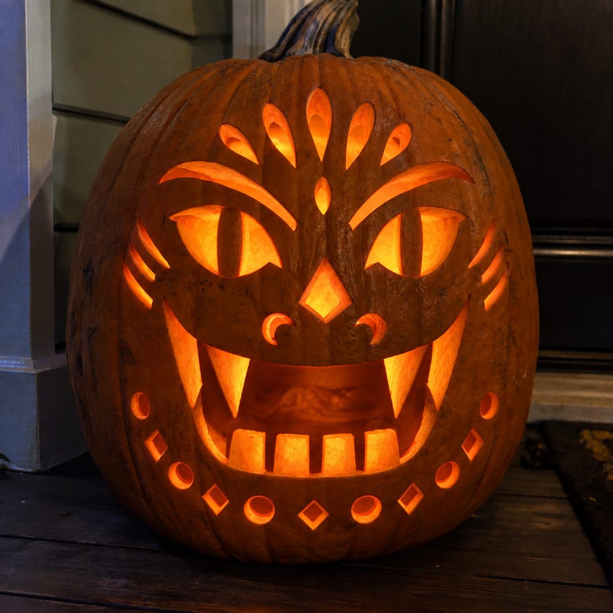 Elaborate Vampire Jack-O-Lantern with Rooted Fangs and Border Cutouts