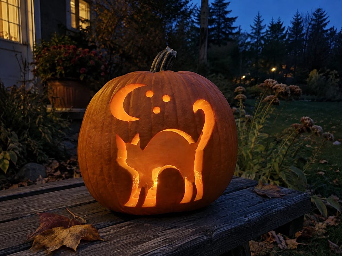 Empty Cat Silhouette Pumpkin with Crescent and Circle Holes