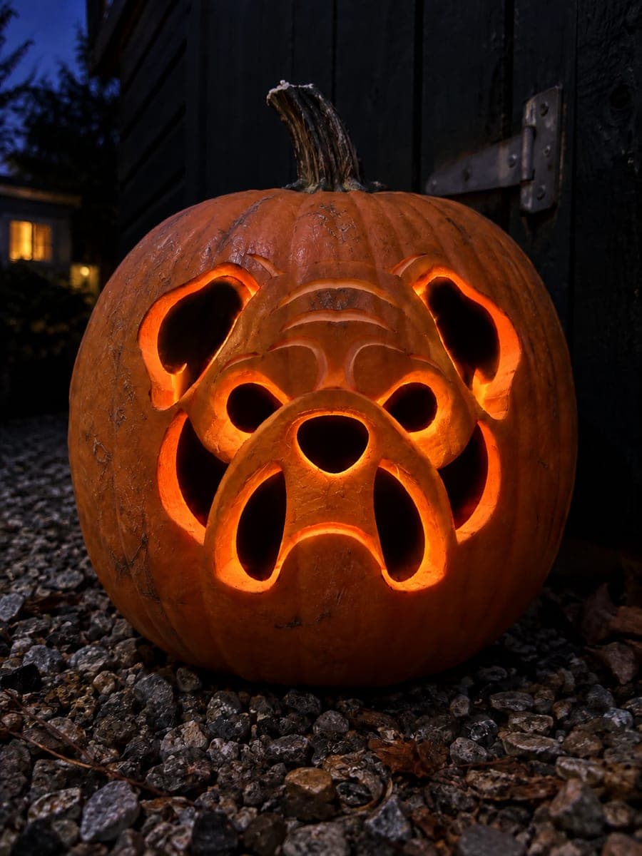 English Bulldog Pumpkin with Open Jowl Apertures