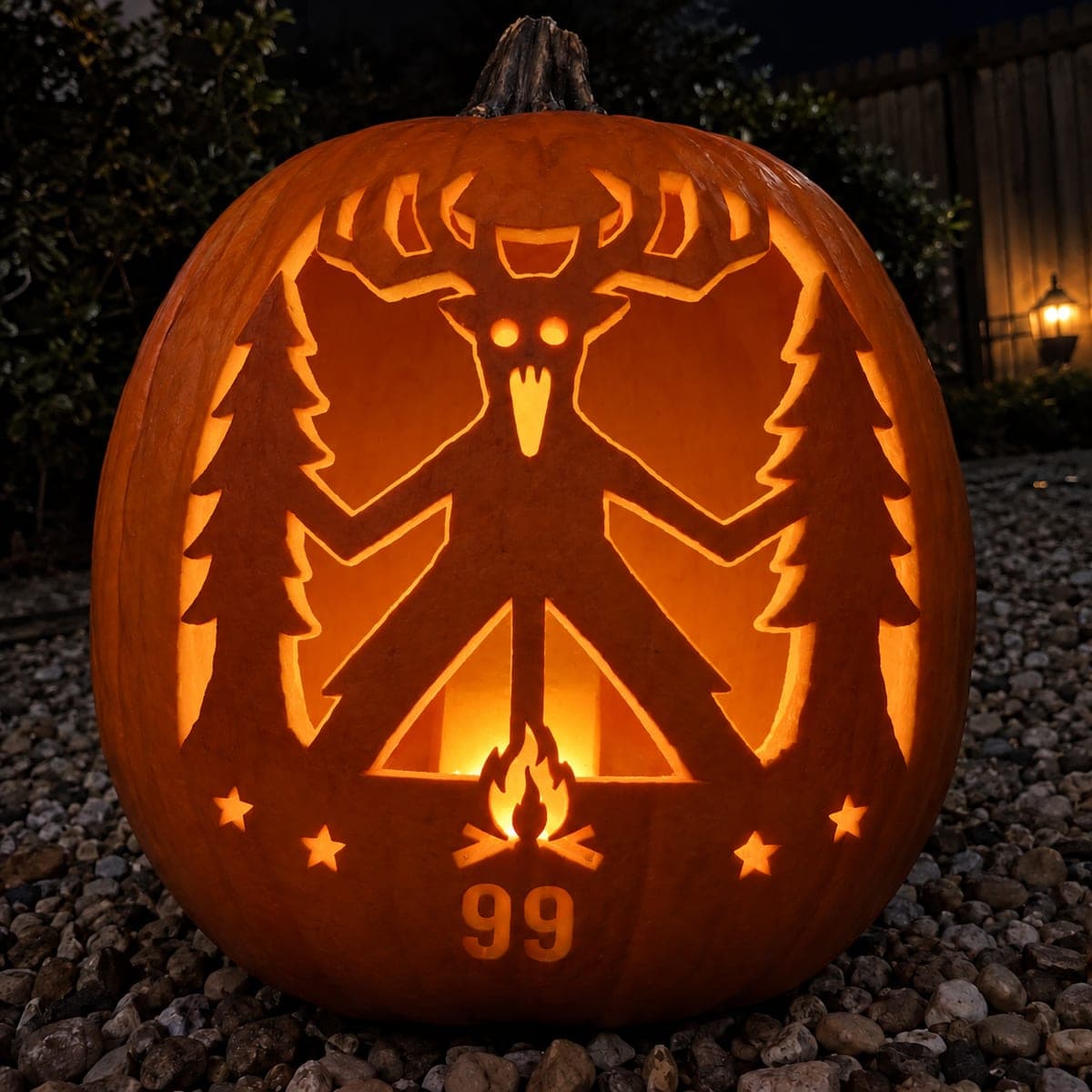 Expert Forest Campsite Deer Pumpkin Illuminated at Night