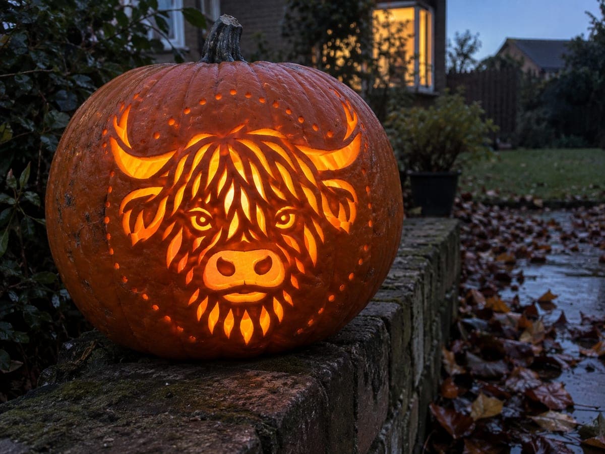 Expert Highland Cow Pumpkin with Detailed Coat Apertures