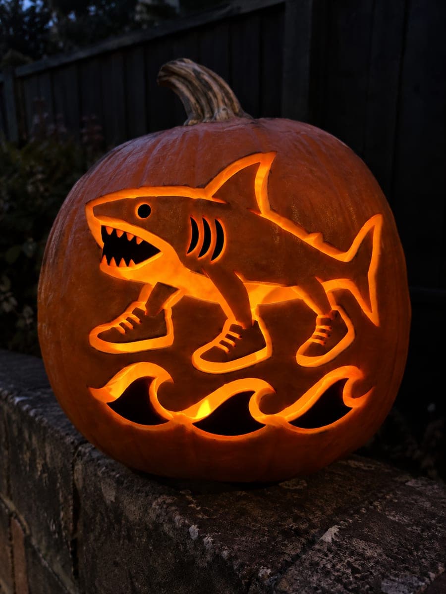 Expert Toothed Shark Pumpkin with Waves by Garden Fence