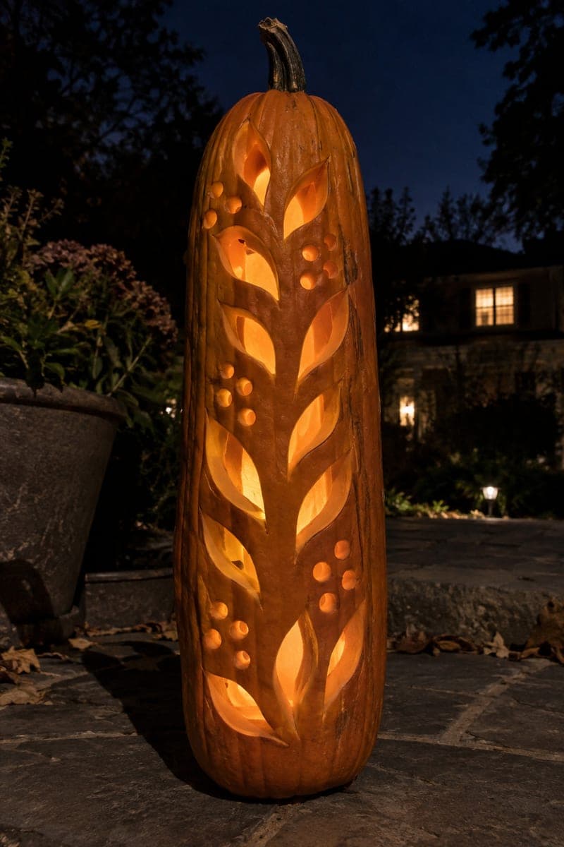 Flowing Leaf and Berry Tall Skinny Pumpkin Lantern