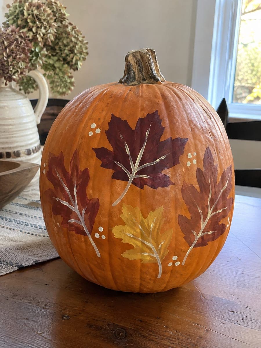 Four Painted Autumn Leaf Pumpkin with Cream Veins
