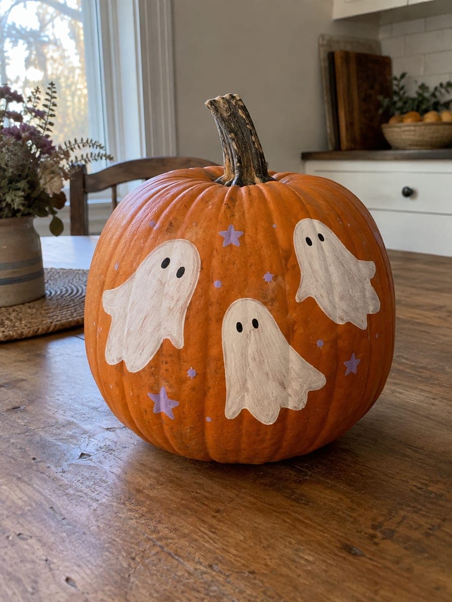 Friendly Ghost Painted No-Carve Pumpkin Decoration