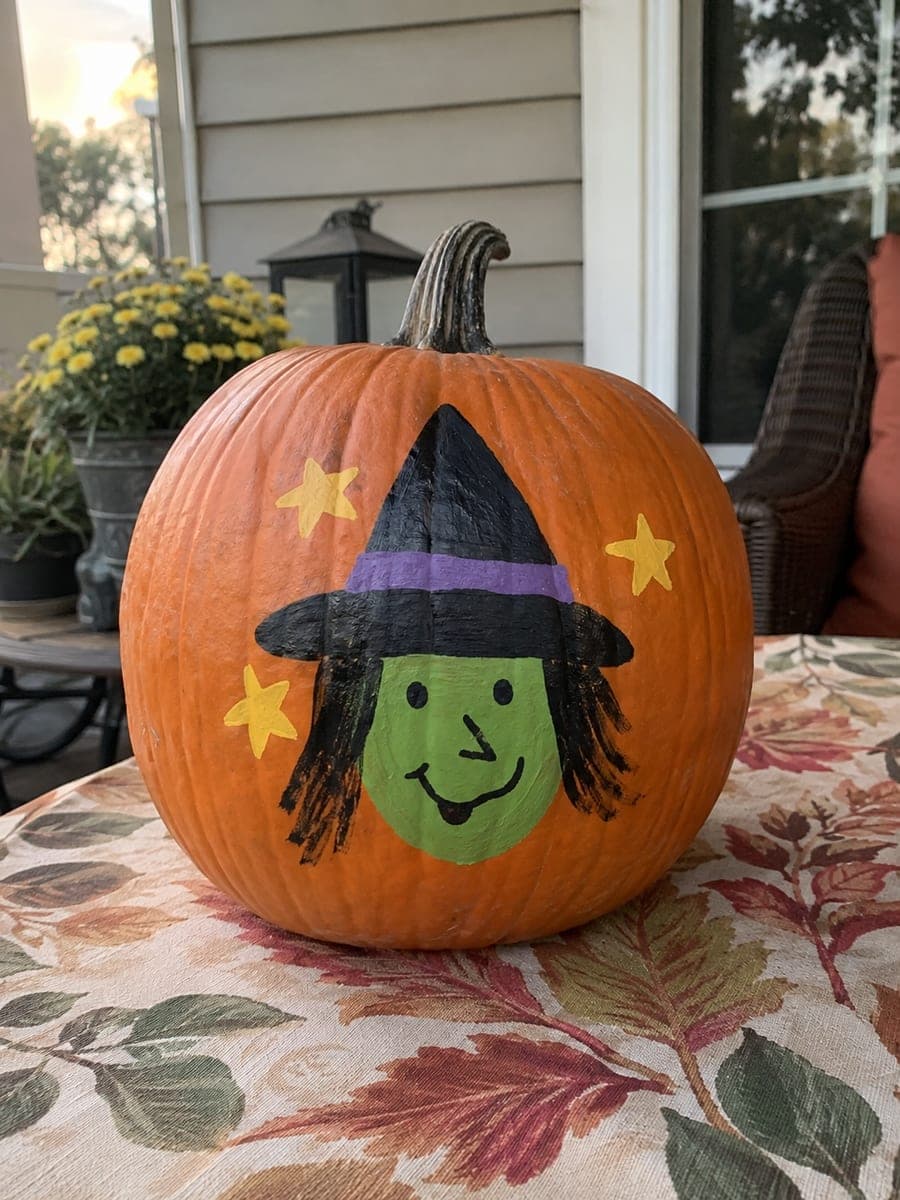Friendly Painted Green Witch Face Pumpkin Idea