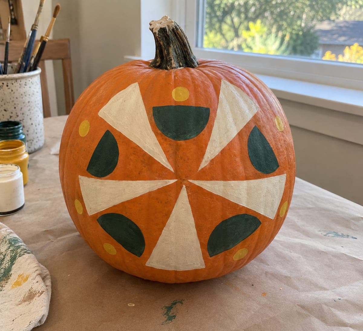 Geometric Triangle and Semicircle No-Carve Painted Pumpkin