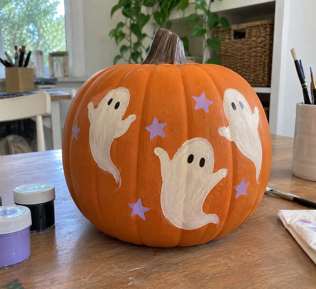 Ghost Painted No-Carve Foam Pumpkin Craft Idea