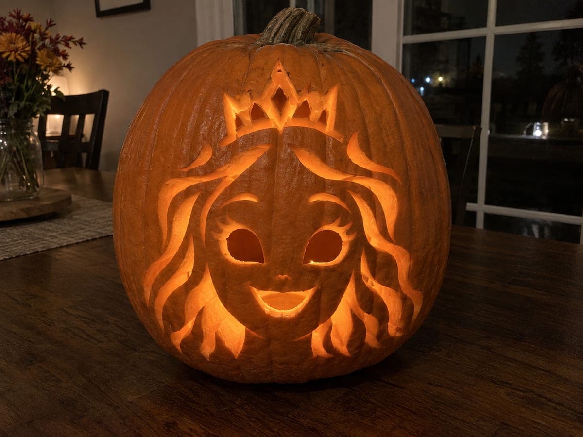 Glinda Smiling Face Pumpkin Carving with Crown Detail