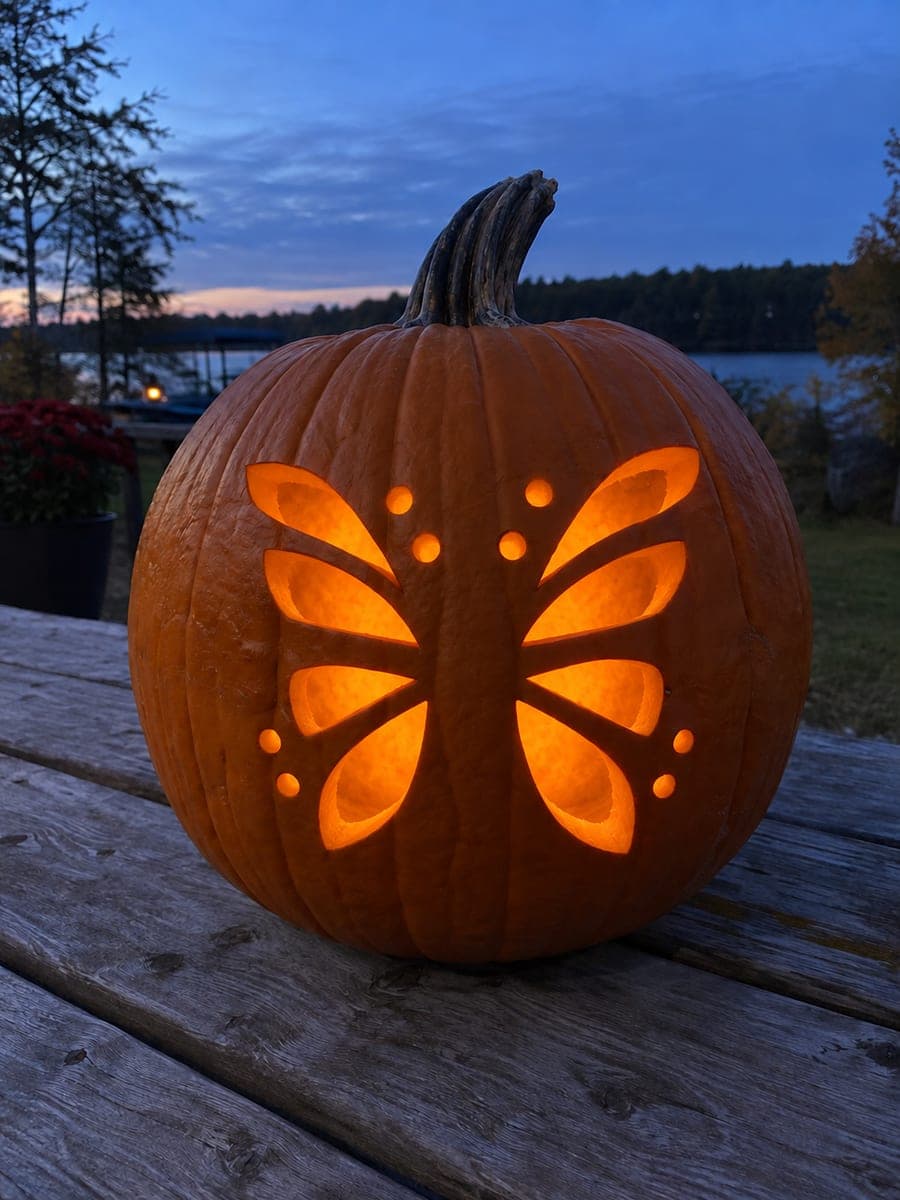 Glowing Butterfly Wing Large Pumpkin on Lakeside Table
