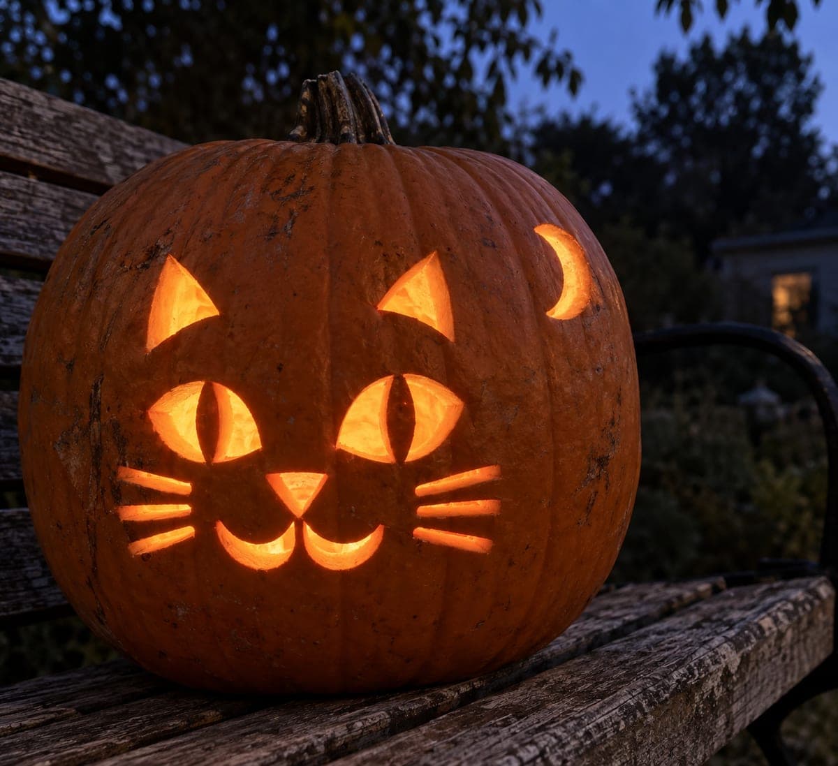 Glowing Cat Pumpkin with Supported Pupils and Crescent Moon