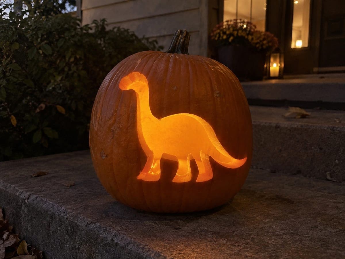 Glowing Sauropod Silhouette Pumpkin on a Patio Step