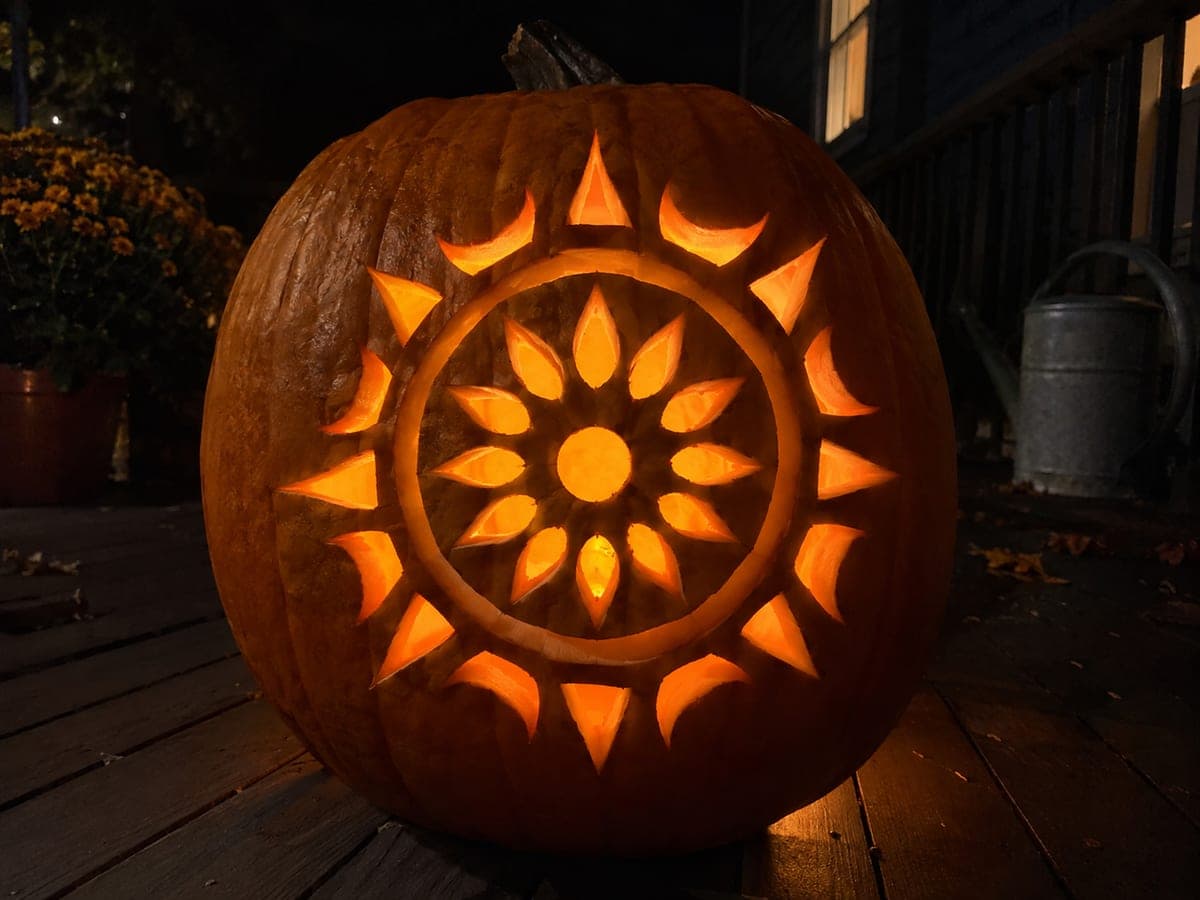 Glowing Sun Mandala Pumpkin With Alternating Rings and Rays
