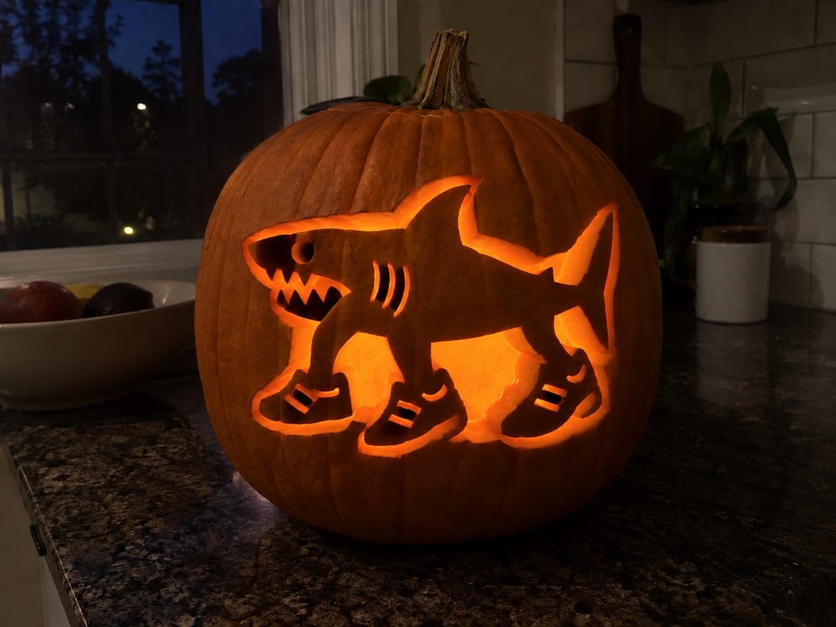 Glowing Three-Sneaker Shark Pumpkin with Shaded Detail