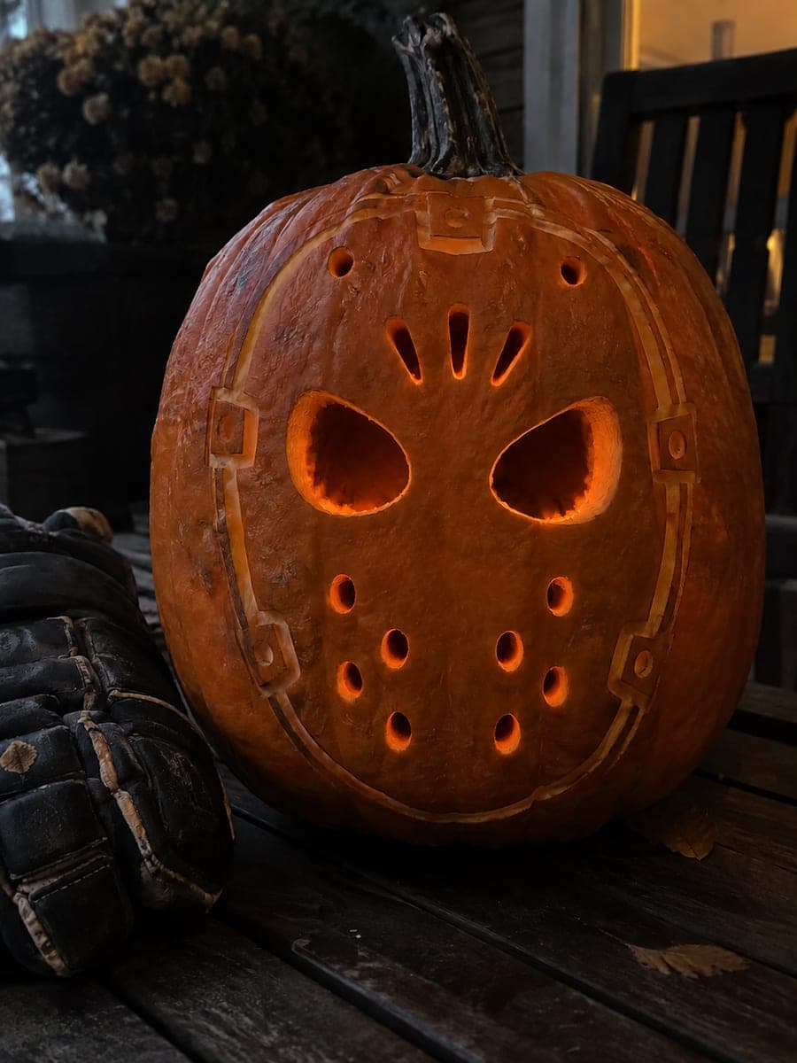 Goalie Mask Pumpkin With Glowing Eye and Vent Holes