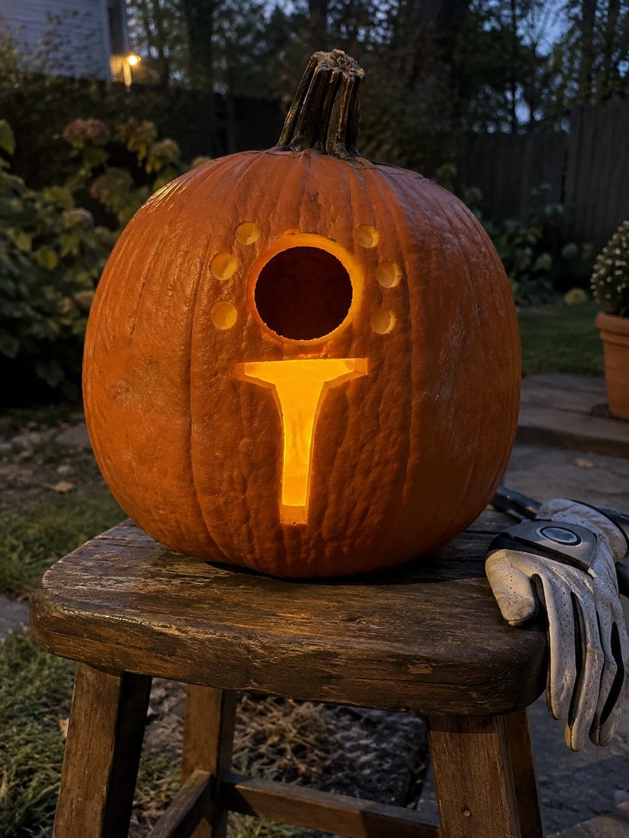 Golf Ball and Tee Pumpkin Cutout at Dusk