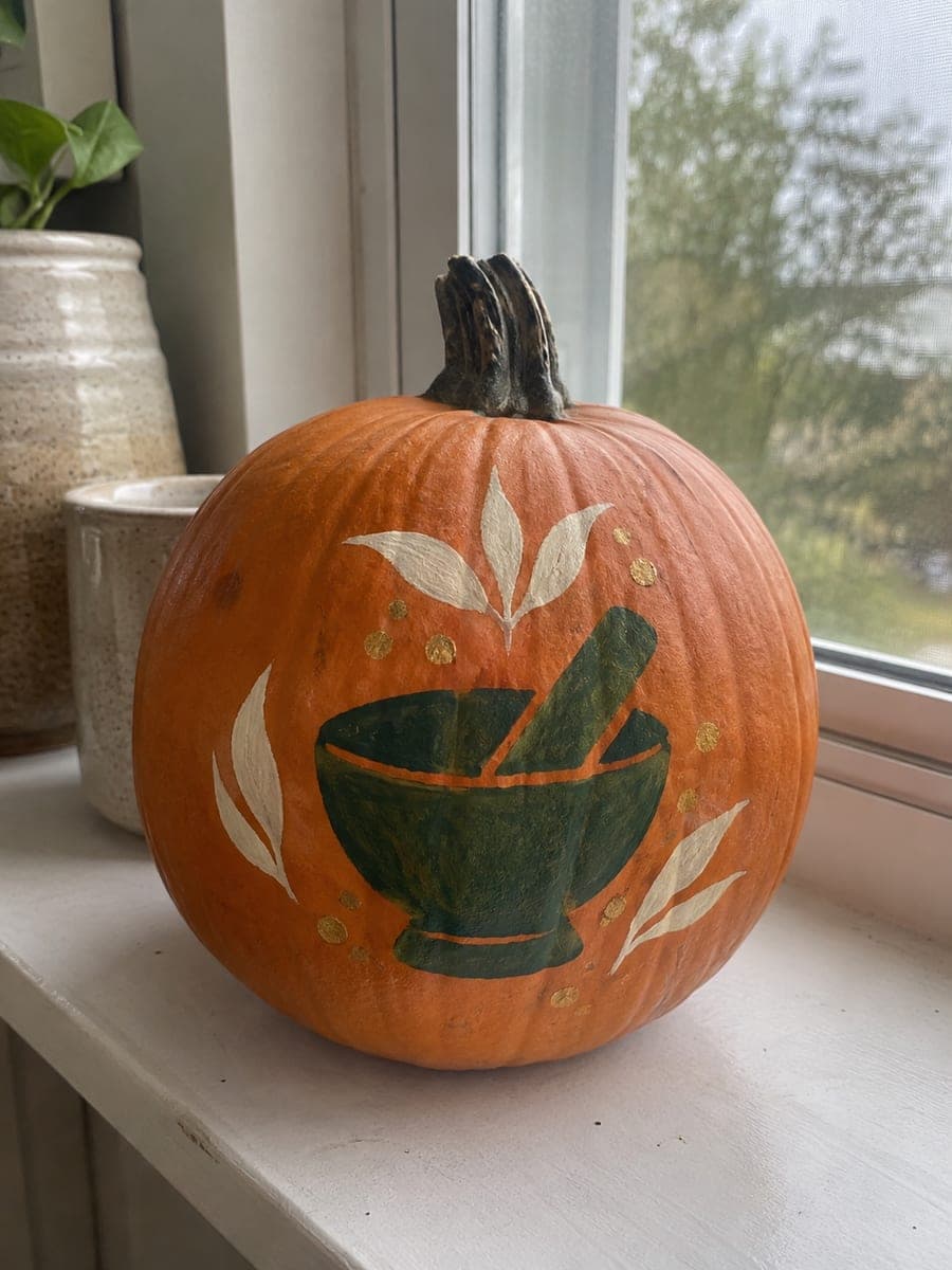Green Mortar and Pestle Painted Pharmacy Pumpkin