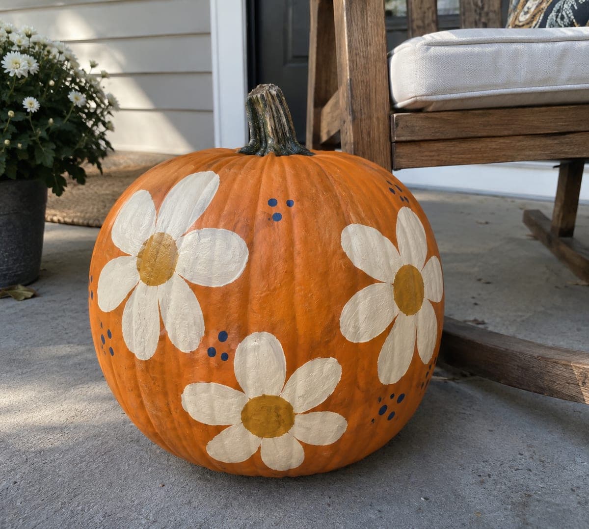 Hand-Painted Daisy Large Pumpkin for a Sunny Porch