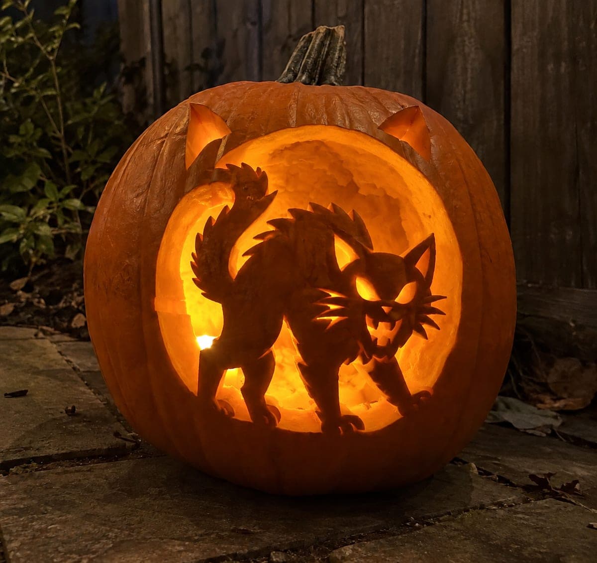 Hissing Cat Pumpkin with Curling Tail and Window