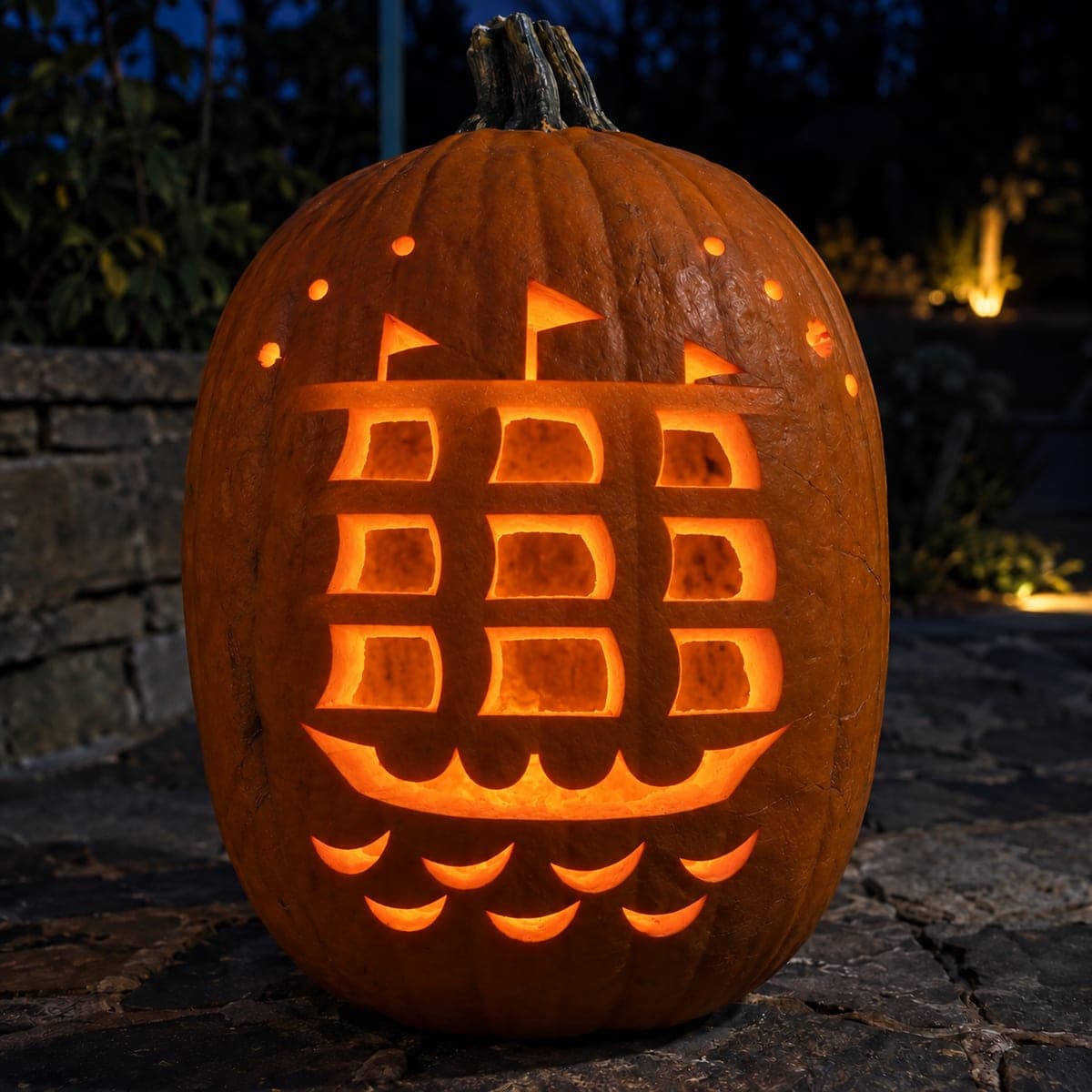 Intricate Pirate Ship Pumpkin with Layered Wave Cutouts