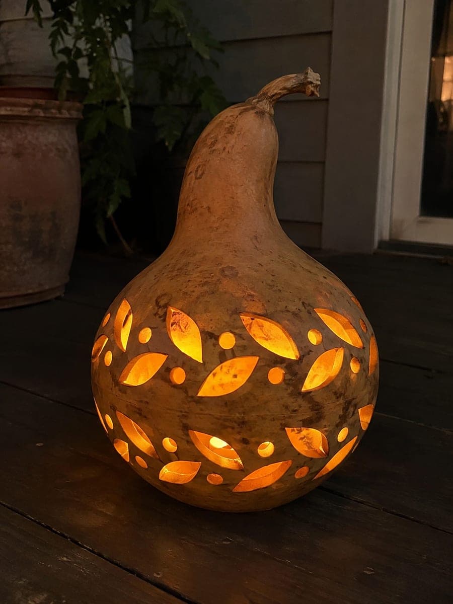 Leaf and Berry Row Gourd Carving on Dark Porch